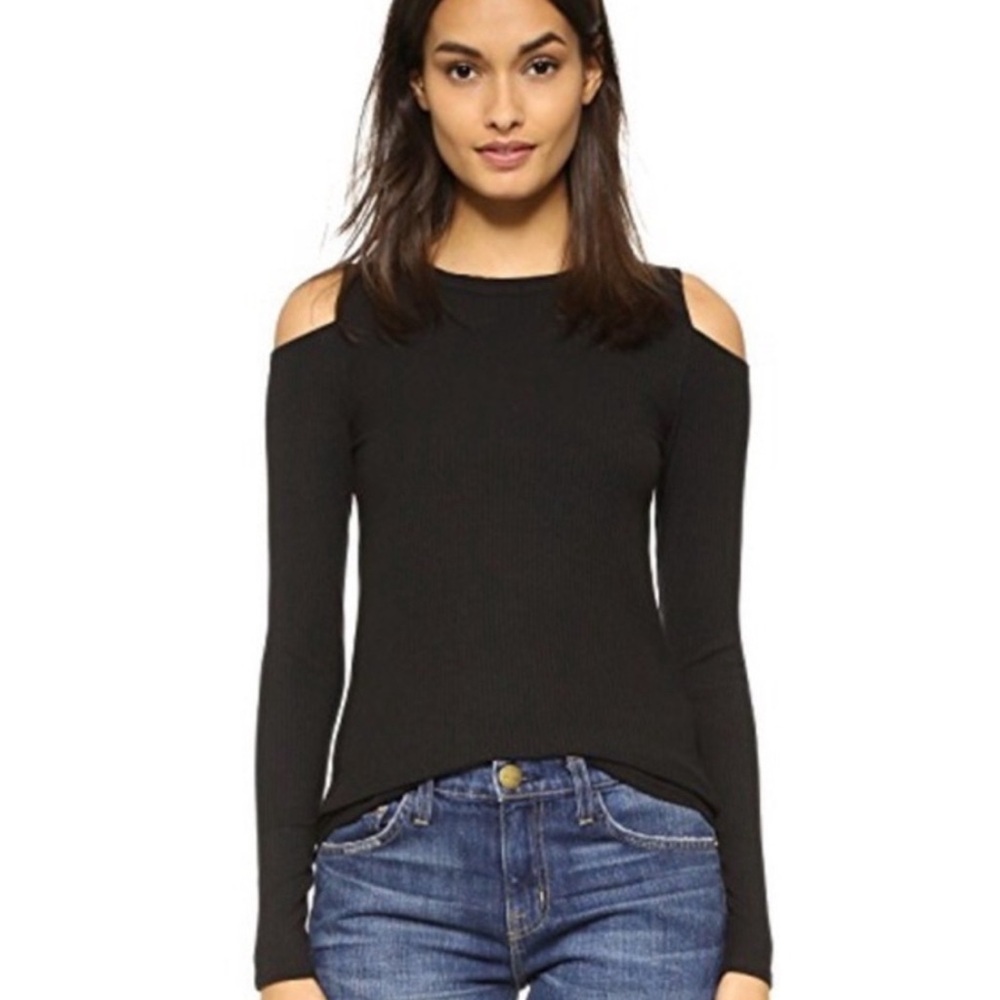 LNA Womens Black Cold Shoulder Mock Neck Waffle Knit Long Sleeve Top Large USA